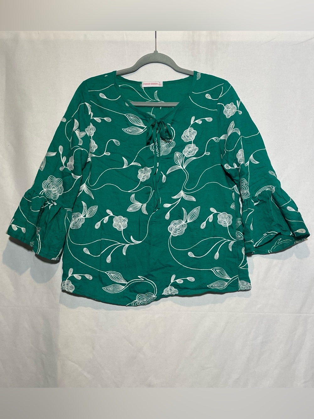 Parami Design Green Embroidered Boho Peasant Blouse Flare Tiered Bell Sleeve